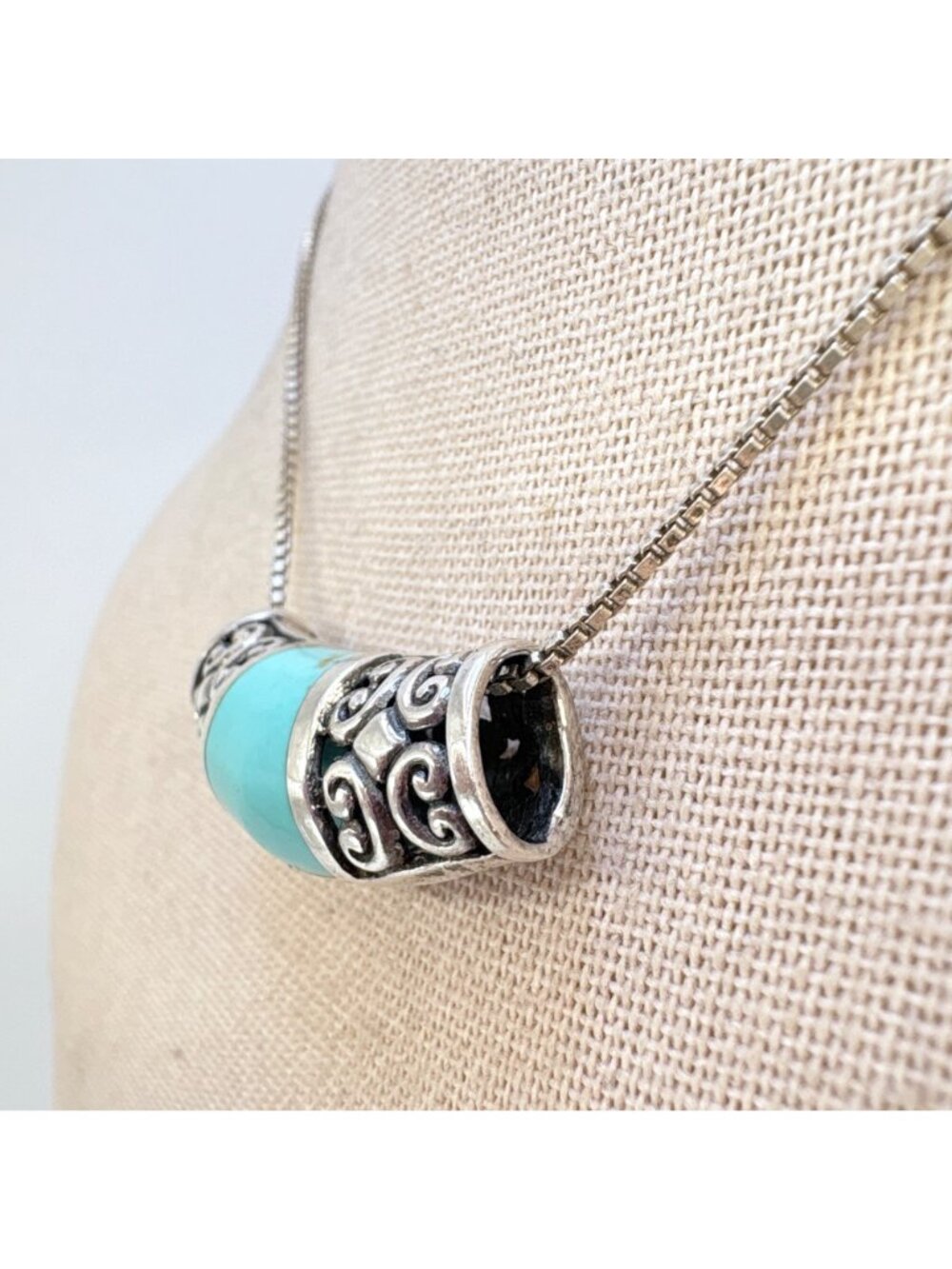 Turquoise & Sterling Silver 925 Scroll Slide Pendant Necklace Size 18" Length - Picture 4 of 13